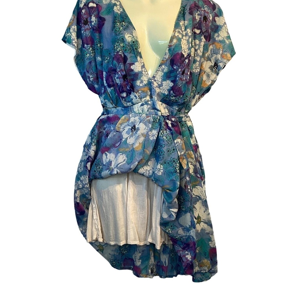 Free People Floral Mini Dress Womens Small Blue Purple Good Boho V-Neck Tie Back - Picture 6 of 13
